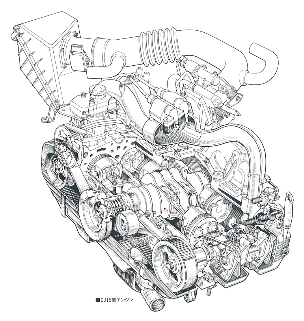 初代インプレッサの広報資料に掲載されていたEJ15型エンジン。